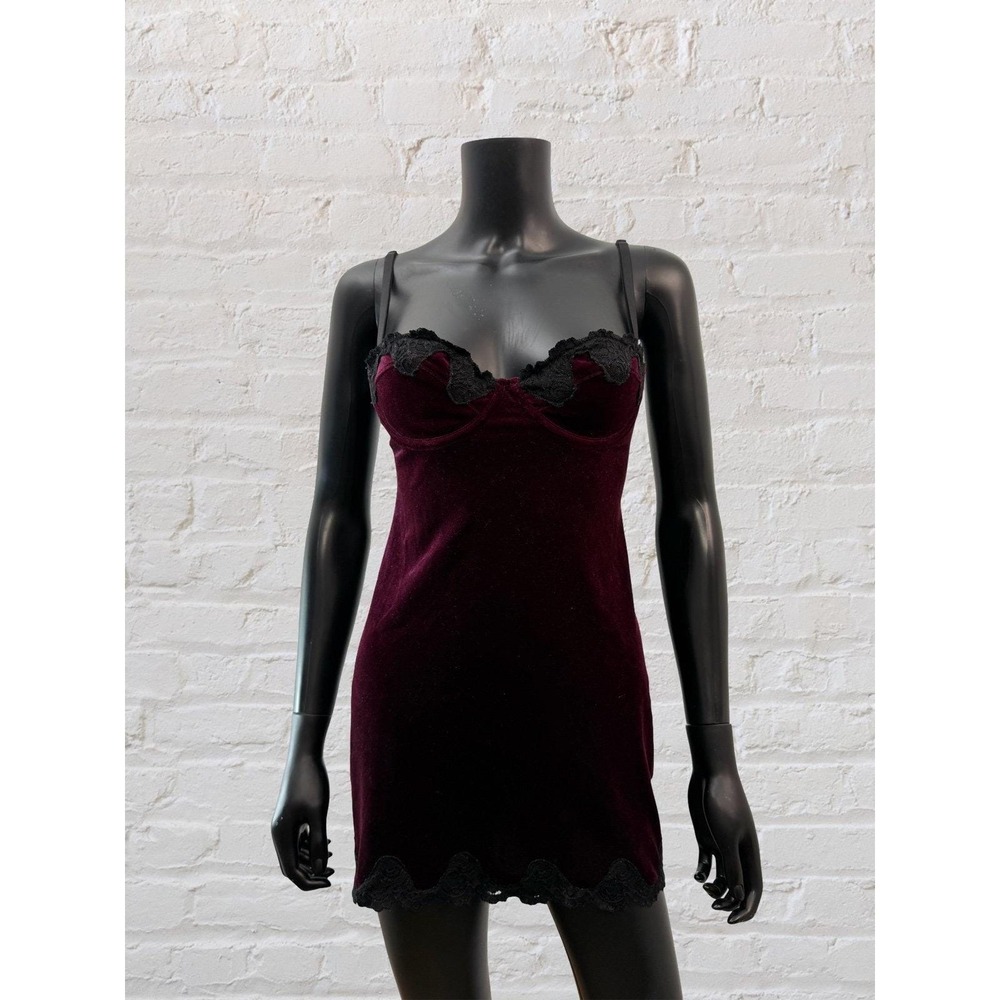 Shirley of Hollywood Velvet Lace Slip Dress Burgundy XS S Lingerie Mini